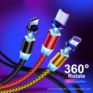 Wholesale On Stock Fast Charging Charger Mobile Phone Cable 360 Rotation 3 In 1 Led Micro Usb Type C Magnetic Charging Cable